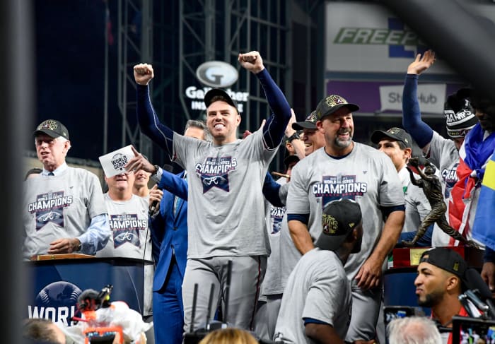 Braves first baseman Freddie Freeman celebrates after his team's 7–0 win over the Astros in Game 6 to capture its first World Series title since 1995.
